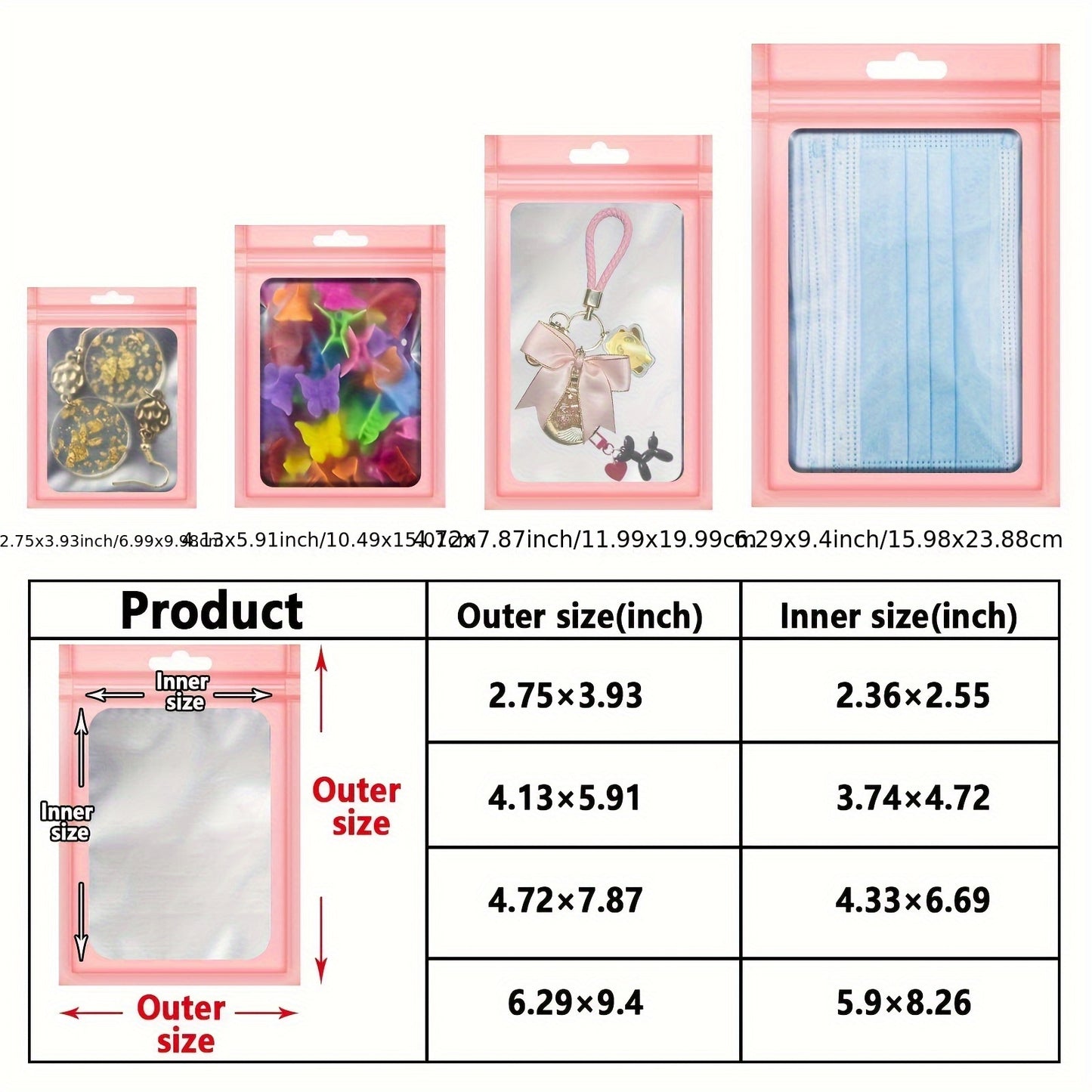[Holographic Zipper Lock Bags] 100-Pack Holographic Zipper Lock Resealable Bags | Moisture-Proof Aluminum Foil Polyester Film Flat Transparent Window Pouch for Electronics/Jewelry/Cosmetics Organization, 4 Size Options, Non-f