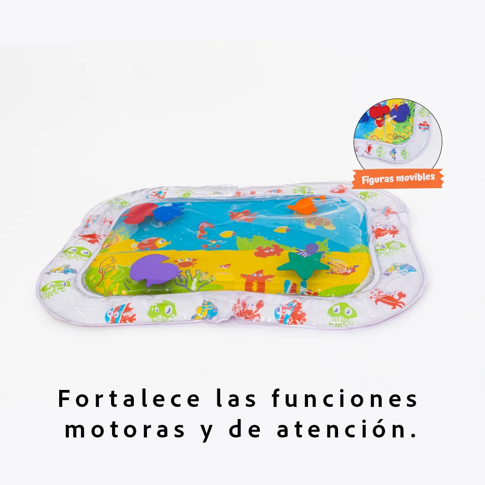 Inflatable water mat for babies and kids, ocean design, sensory, educational, soft, safe, portable, water valve, Made in Mexico