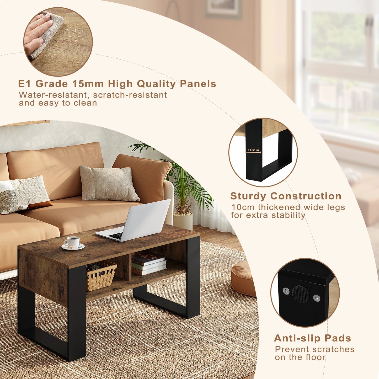 WOLTU Tea Coffee Table with Storage 2 Open Compartments Side Table Vintage Industrial Style Sofa Table for Living Room Bedroom