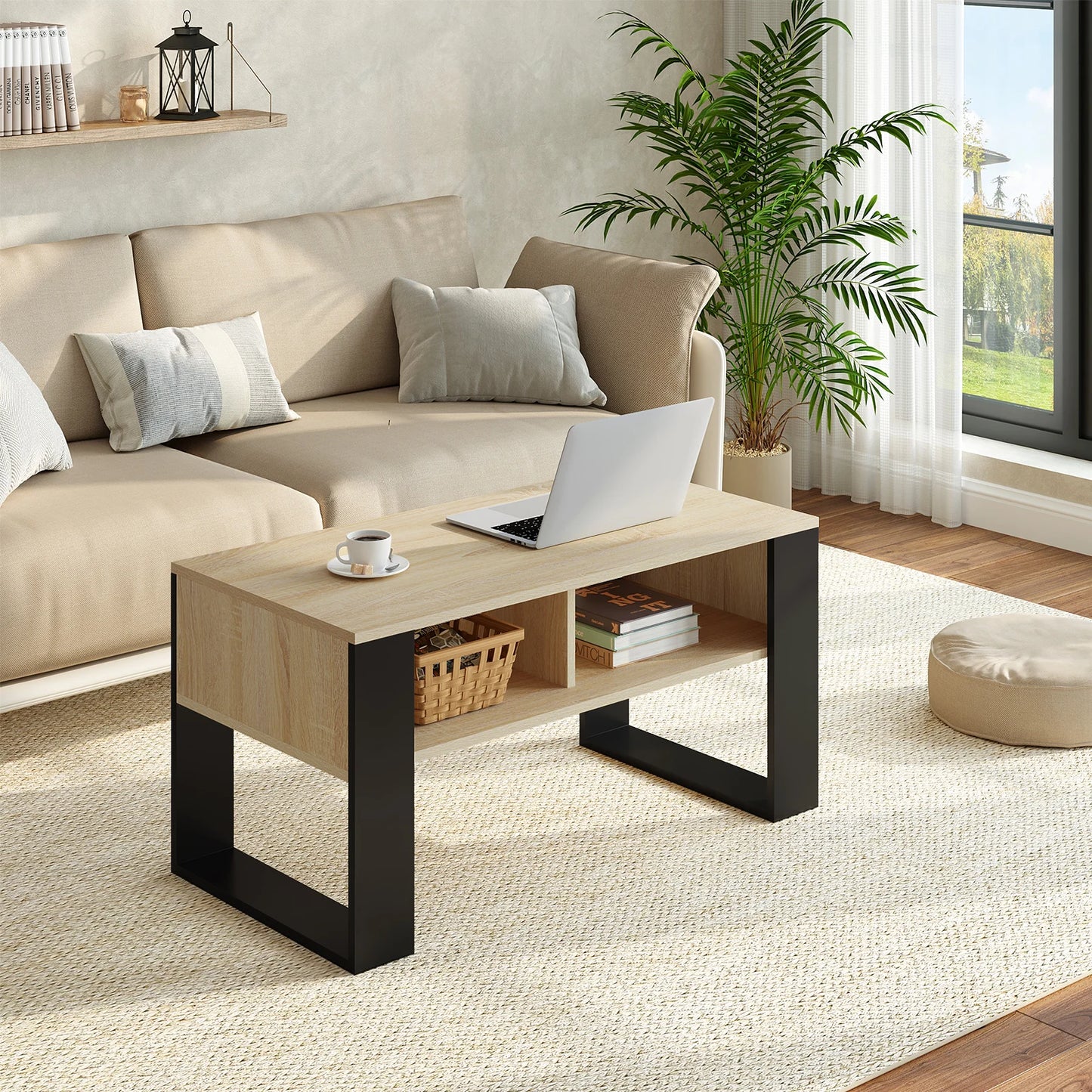 WOLTU Tea Coffee Table with Storage 2 Open Compartments Side Table Vintage Industrial Style Sofa Table for Living Room Bedroom
