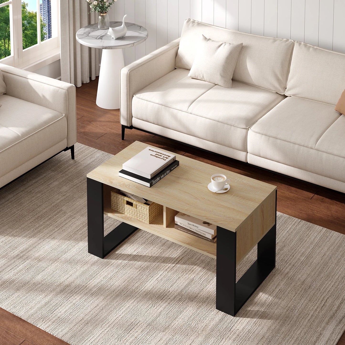 WOLTU Tea Coffee Table with Storage 2 Open Compartments Side Table Vintage Industrial Style Sofa Table for Living Room Bedroom