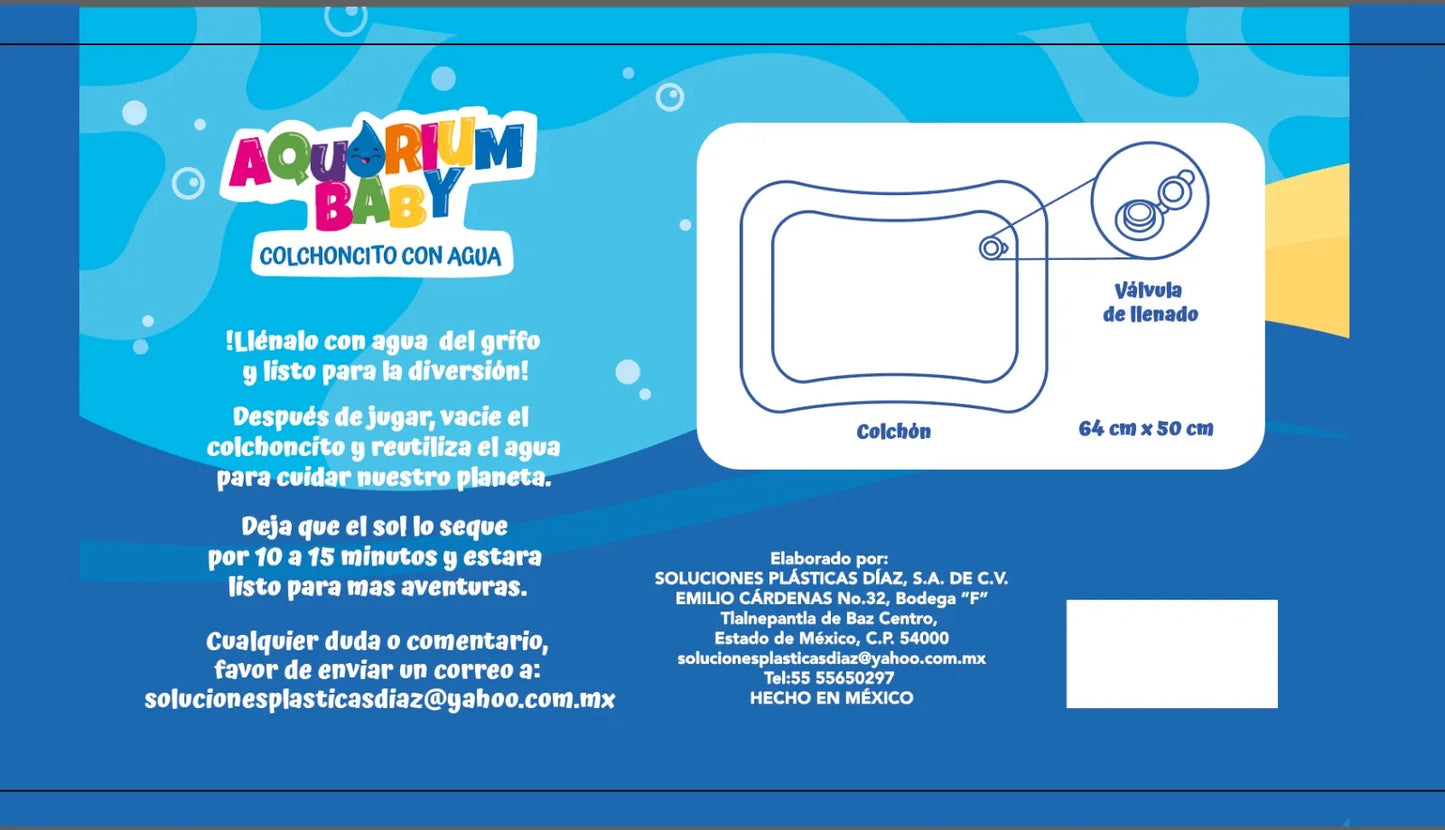 Inflatable water mat for babies and kids, ocean design, sensory, educational, soft, safe, portable, water valve, Made in Mexico