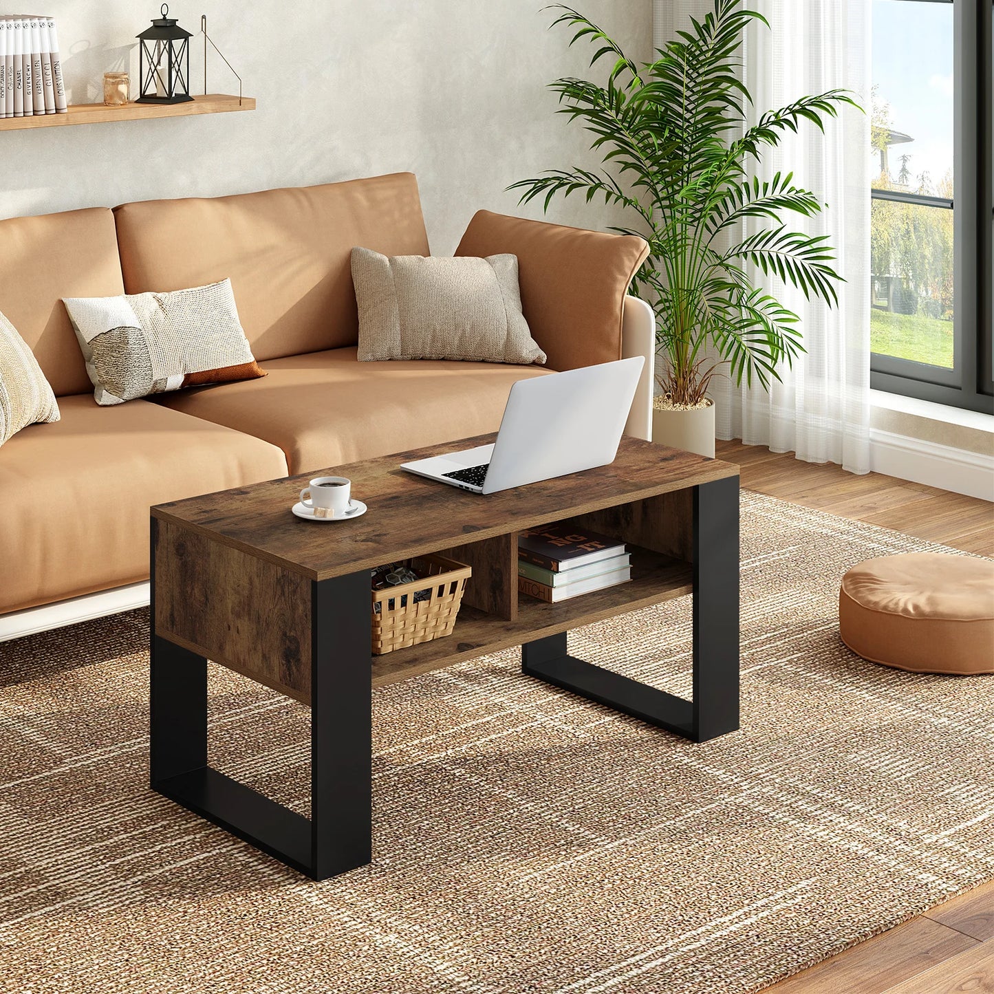 WOLTU Tea Coffee Table with Storage 2 Open Compartments Side Table Vintage Industrial Style Sofa Table for Living Room Bedroom
