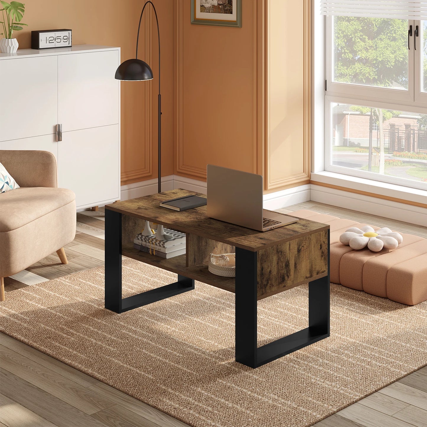 WOLTU Tea Coffee Table with Storage 2 Open Compartments Side Table Vintage Industrial Style Sofa Table for Living Room Bedroom