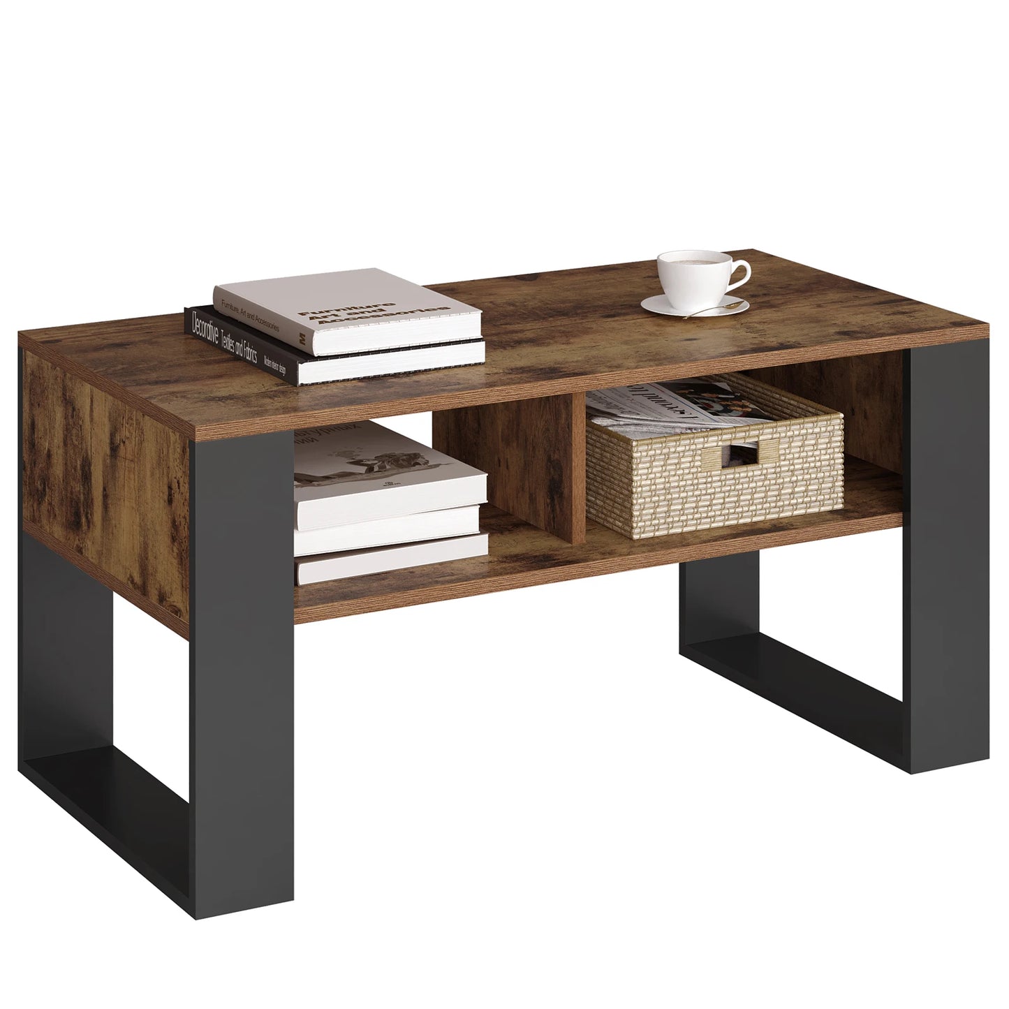 WOLTU Tea Coffee Table with Storage 2 Open Compartments Side Table Vintage Industrial Style Sofa Table for Living Room Bedroom