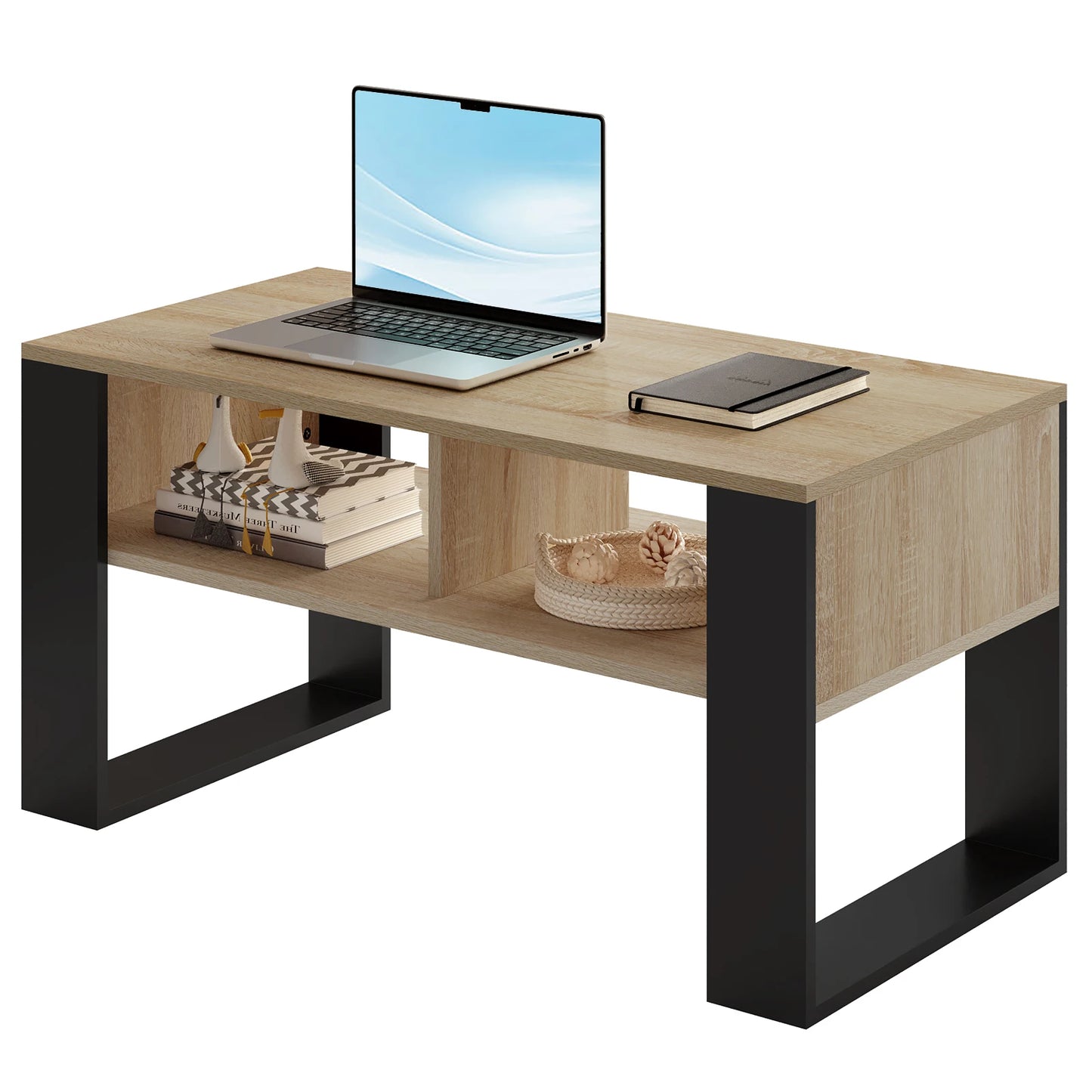 WOLTU Tea Coffee Table with Storage 2 Open Compartments Side Table Vintage Industrial Style Sofa Table for Living Room Bedroom