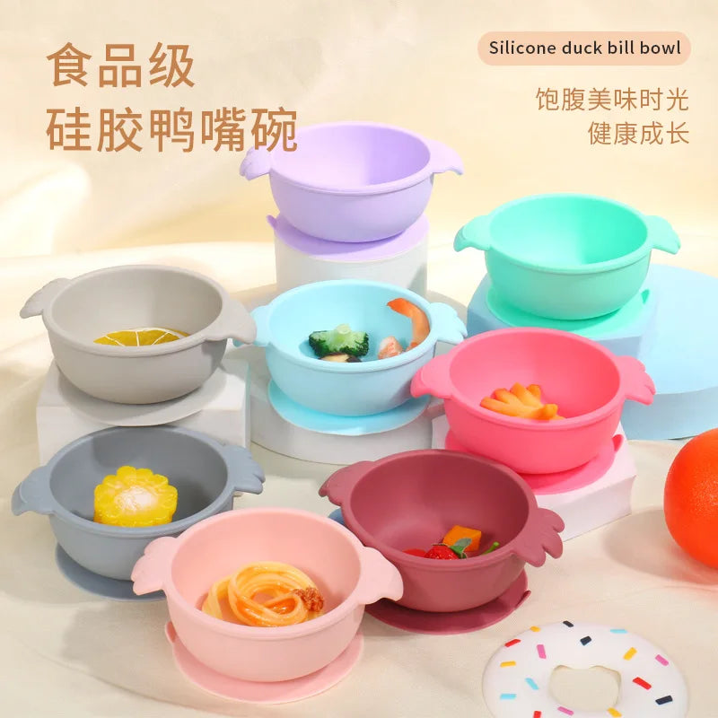 Custom High Quality Training 6 Months Old Babies Spill Proof Self Kids Food Silicone Suction Baby Bowl with Spoon Set