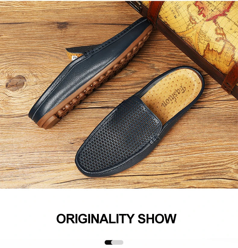 Italian Men Slippers Genuine Leather Loafers Moccasins Outdoor Non-slip Black Casual Slides Summer Spring Fashion Shoes 2020