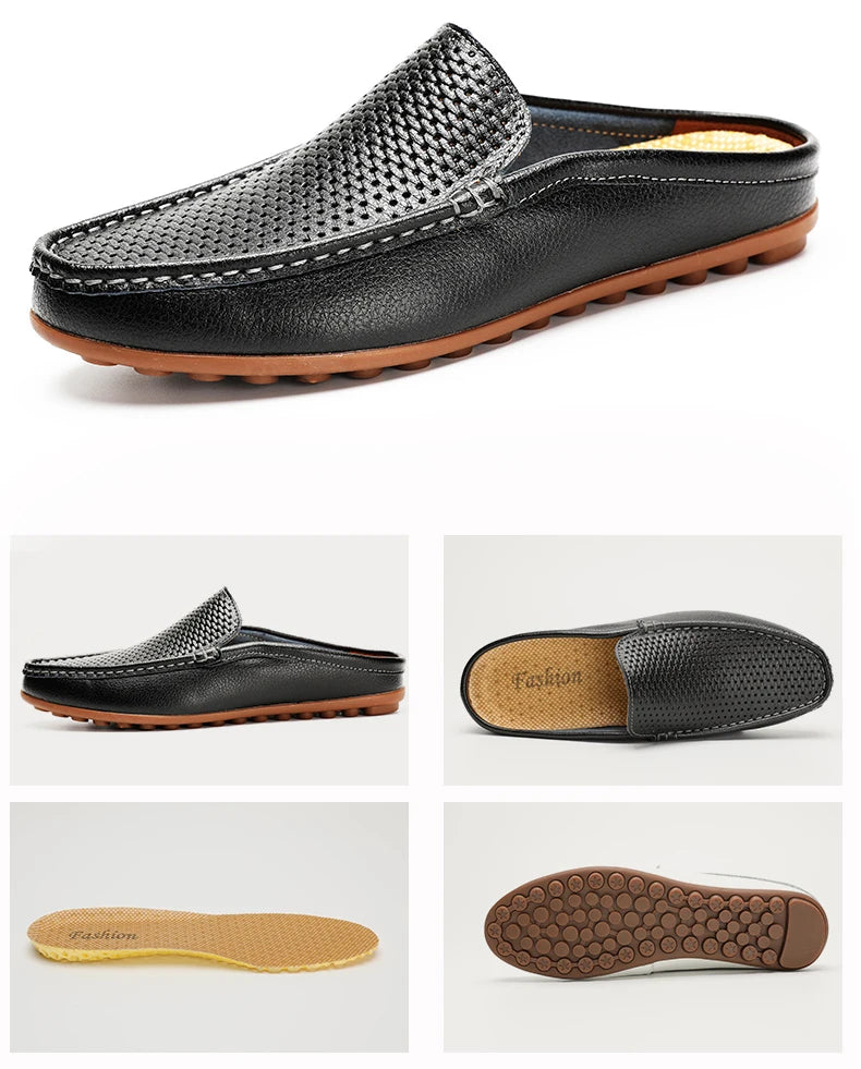 Italian Men Slippers Genuine Leather Loafers Moccasins Outdoor Non-slip Black Casual Slides Summer Spring Fashion Shoes 2020