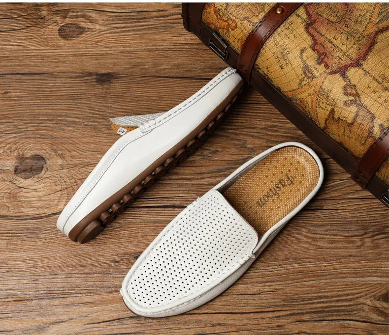 Italian Men Slippers Genuine Leather Loafers Moccasins Outdoor Non-slip Black Casual Slides Summer Spring Fashion Shoes 2020
