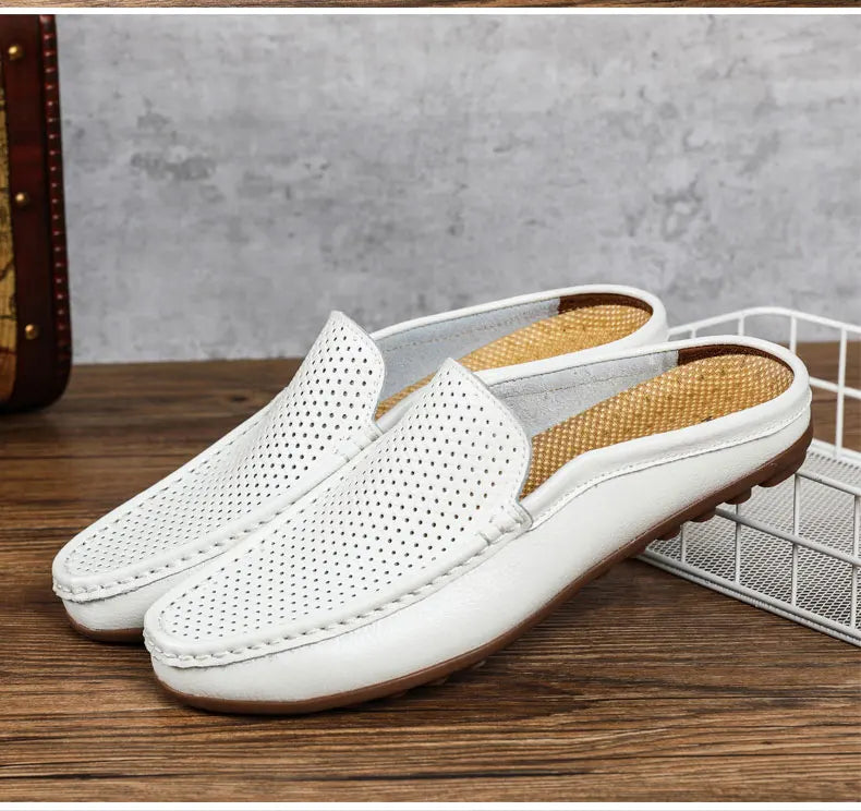 Italian Men Slippers Genuine Leather Loafers Moccasins Outdoor Non-slip Black Casual Slides Summer Spring Fashion Shoes 2020