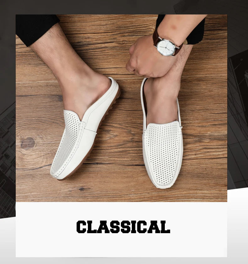 Italian Men Slippers Genuine Leather Loafers Moccasins Outdoor Non-slip Black Casual Slides Summer Spring Fashion Shoes 2020