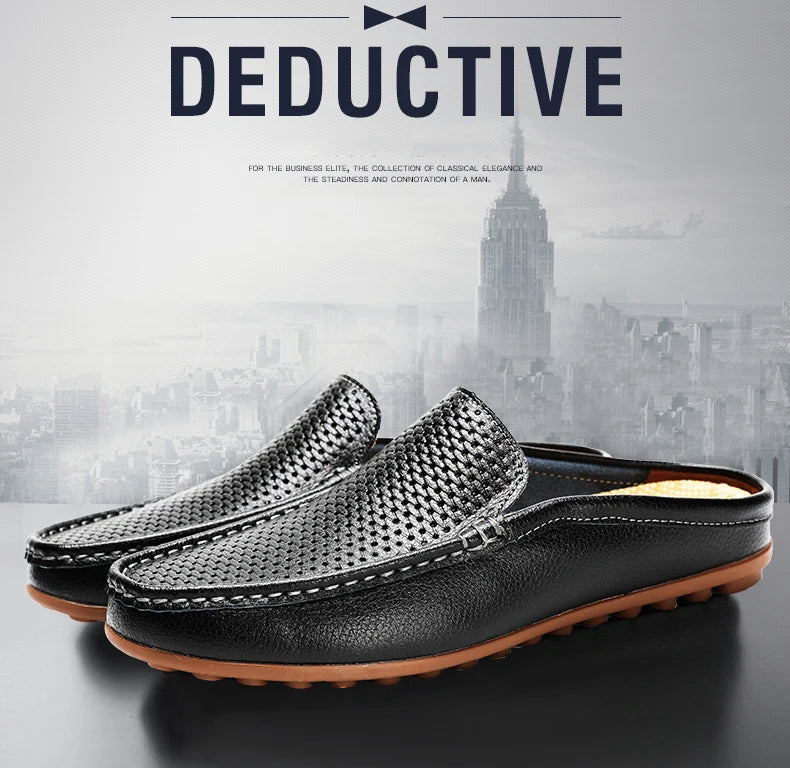 Italian Men Slippers Genuine Leather Loafers Moccasins Outdoor Non-slip Black Casual Slides Summer Spring Fashion Shoes 2020