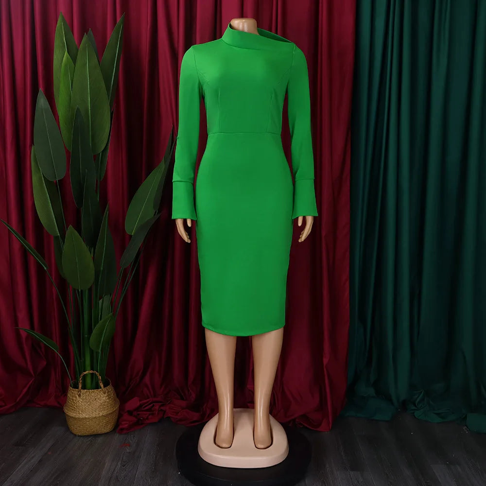 C8606 Latest Design Dresses Women Casual Elegant Diagonal Neck Flare Sleeve Hip Warp Bodycon African Dresses for Women Clothing