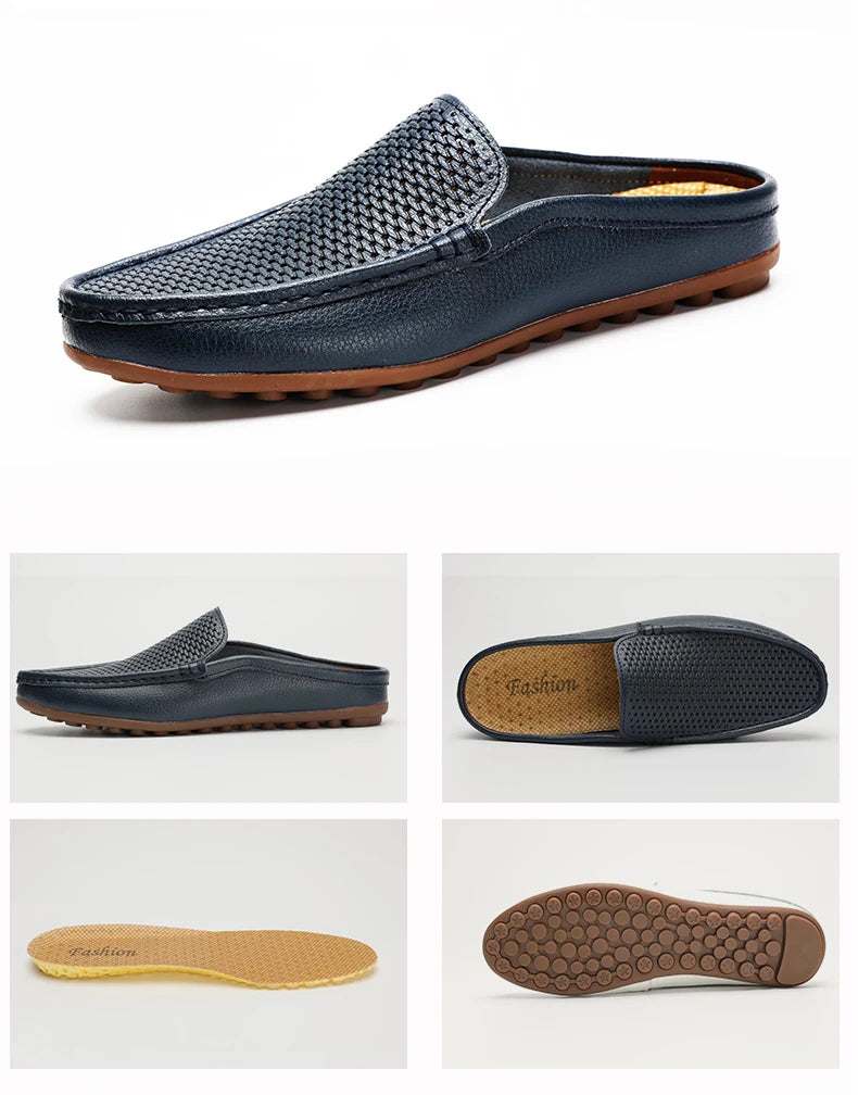 Italian Men Slippers Genuine Leather Loafers Moccasins Outdoor Non-slip Black Casual Slides Summer Spring Fashion Shoes 2020