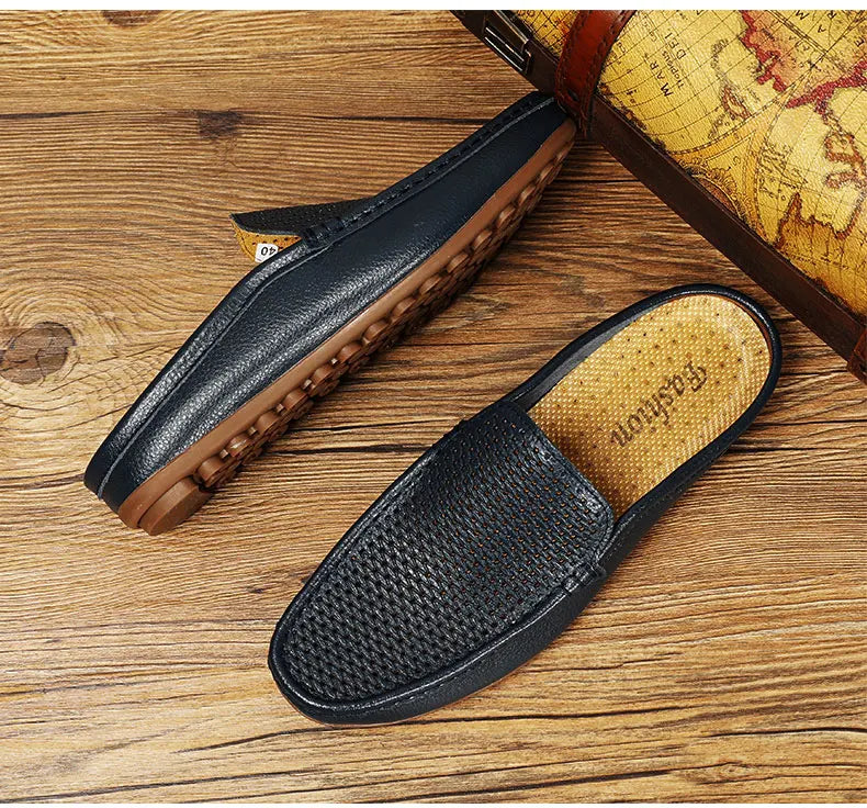 Italian Men Slippers Genuine Leather Loafers Moccasins Outdoor Non-slip Black Casual Slides Summer Spring Fashion Shoes 2020