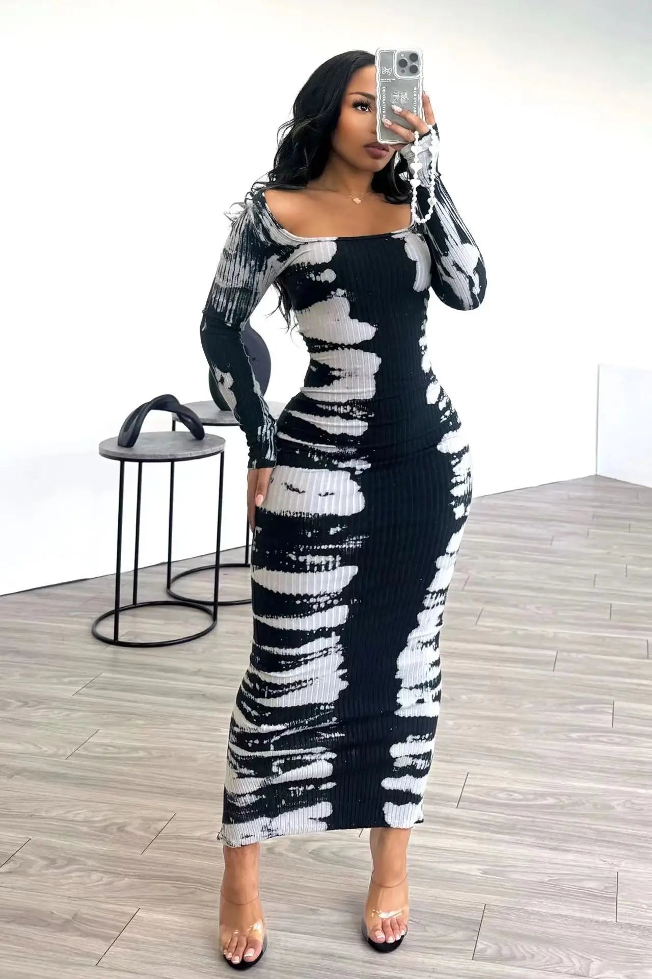 2024 Spring Women Clothing Boutique Bodycon Elastic Printed Elegant Dress Long Sleeve Casual Maxi Dresses