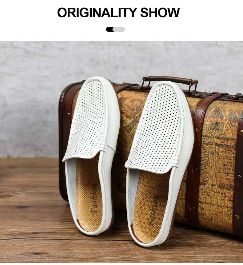 Italian Men Slippers Genuine Leather Loafers Moccasins Outdoor Non-slip Black Casual Slides Summer Spring Fashion Shoes 2020