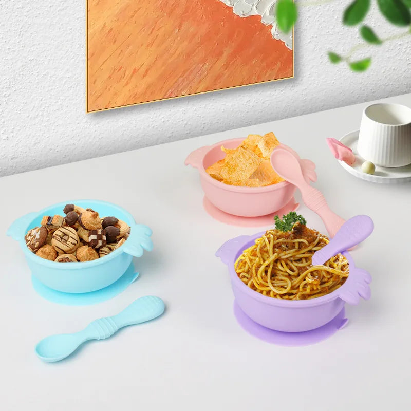 Custom High Quality Training 6 Months Old Babies Spill Proof Self Kids Food Silicone Suction Baby Bowl with Spoon Set