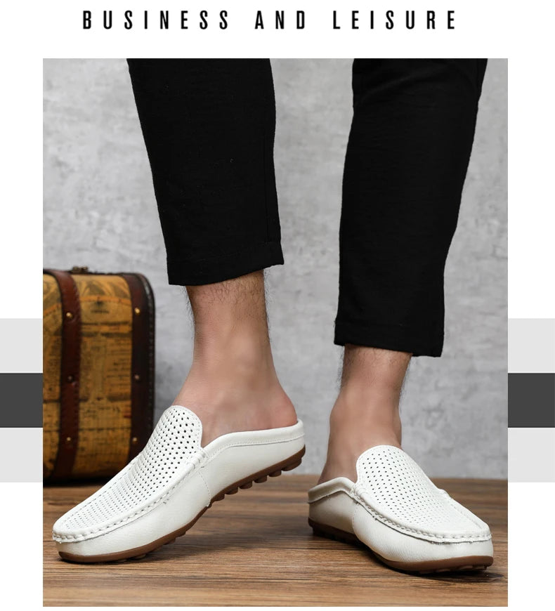 Italian Men Slippers Genuine Leather Loafers Moccasins Outdoor Non-slip Black Casual Slides Summer Spring Fashion Shoes 2020