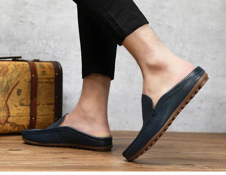 Italian Men Slippers Genuine Leather Loafers Moccasins Outdoor Non-slip Black Casual Slides Summer Spring Fashion Shoes 2020