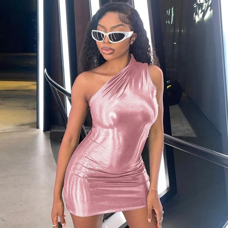 3627-SOPHIA-New Fashion 2024 Spring Summer Women Clothing One Shoulder Sexy Dress Glitter Club Dresses Hot Girl Mini