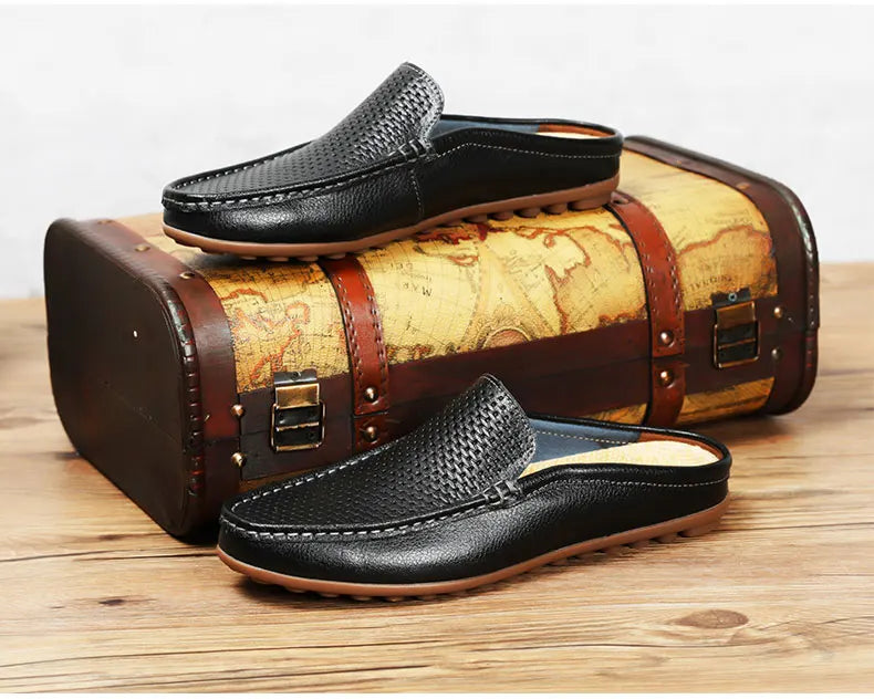 Italian Men Slippers Genuine Leather Loafers Moccasins Outdoor Non-slip Black Casual Slides Summer Spring Fashion Shoes 2020