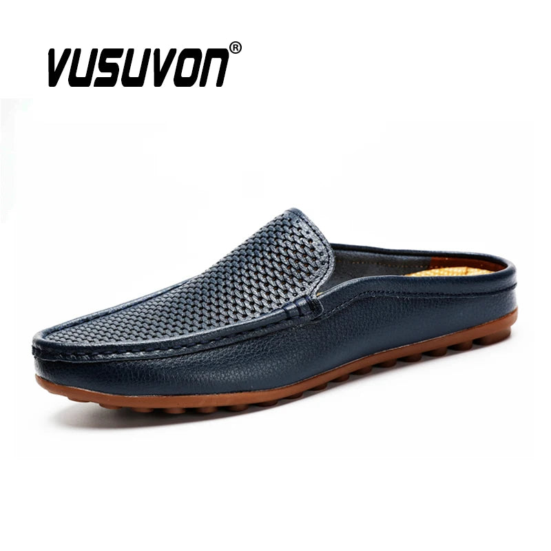 Italian Men Slippers Genuine Leather Loafers Moccasins Outdoor Non-slip Black Casual Slides Summer Spring Fashion Shoes 2020