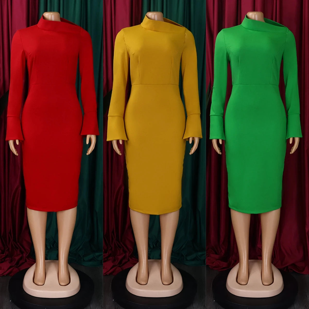 C8606 Latest Design Dresses Women Casual Elegant Diagonal Neck Flare Sleeve Hip Warp Bodycon African Dresses for Women Clothing
