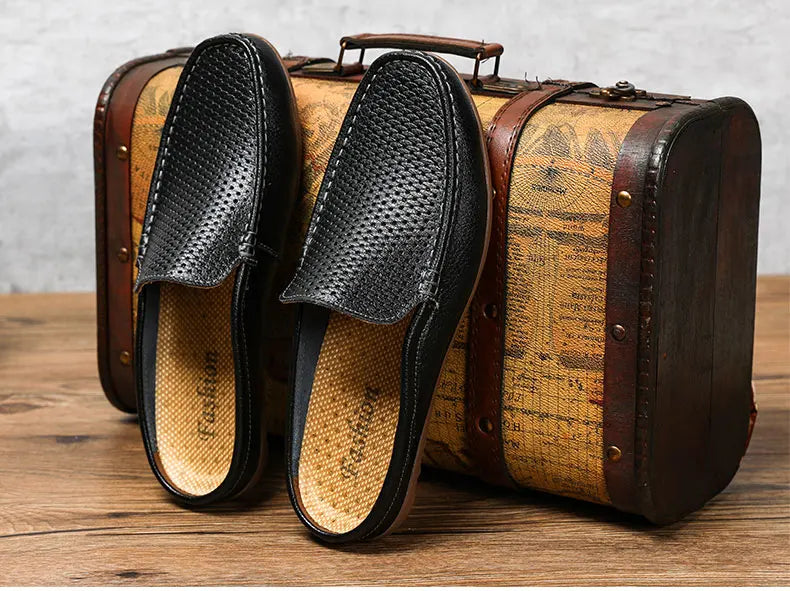 Italian Men Slippers Genuine Leather Loafers Moccasins Outdoor Non-slip Black Casual Slides Summer Spring Fashion Shoes 2020