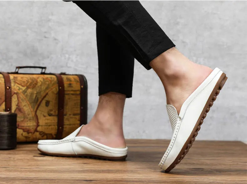 Italian Men Slippers Genuine Leather Loafers Moccasins Outdoor Non-slip Black Casual Slides Summer Spring Fashion Shoes 2020