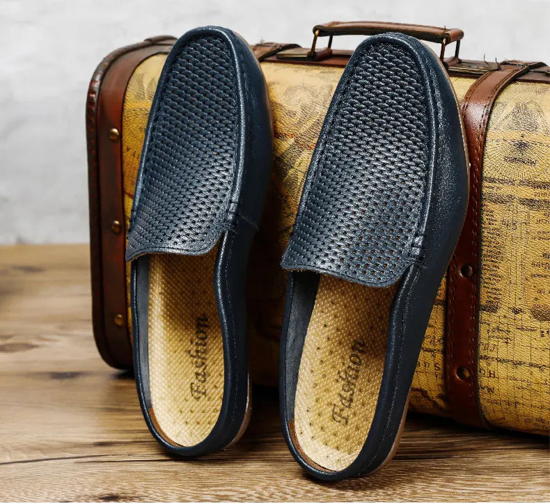 Italian Men Slippers Genuine Leather Loafers Moccasins Outdoor Non-slip Black Casual Slides Summer Spring Fashion Shoes 2020