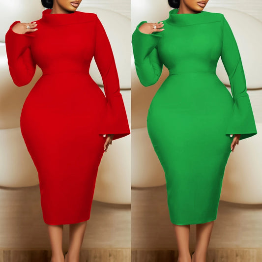 C8606 Latest Design Dresses Women Casual Elegant Diagonal Neck Flare Sleeve Hip Warp Bodycon African Dresses for Women Clothing