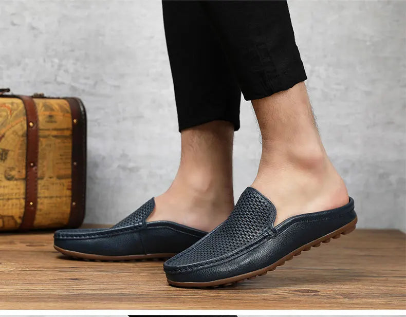 Italian Men Slippers Genuine Leather Loafers Moccasins Outdoor Non-slip Black Casual Slides Summer Spring Fashion Shoes 2020