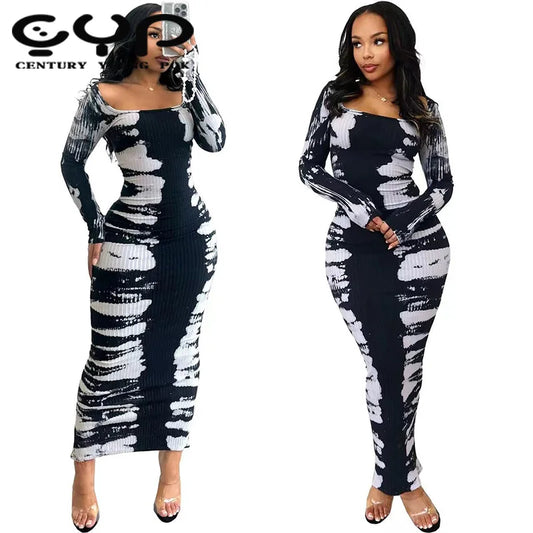 2024 Spring Women Clothing Boutique Bodycon Elastic Printed Elegant Dress Long Sleeve Casual Maxi Dresses