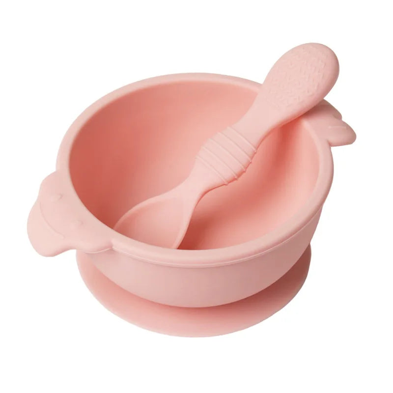Custom High Quality Training 6 Months Old Babies Spill Proof Self Kids Food Silicone Suction Baby Bowl with Spoon Set