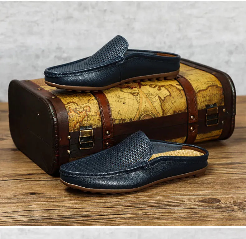 Italian Men Slippers Genuine Leather Loafers Moccasins Outdoor Non-slip Black Casual Slides Summer Spring Fashion Shoes 2020