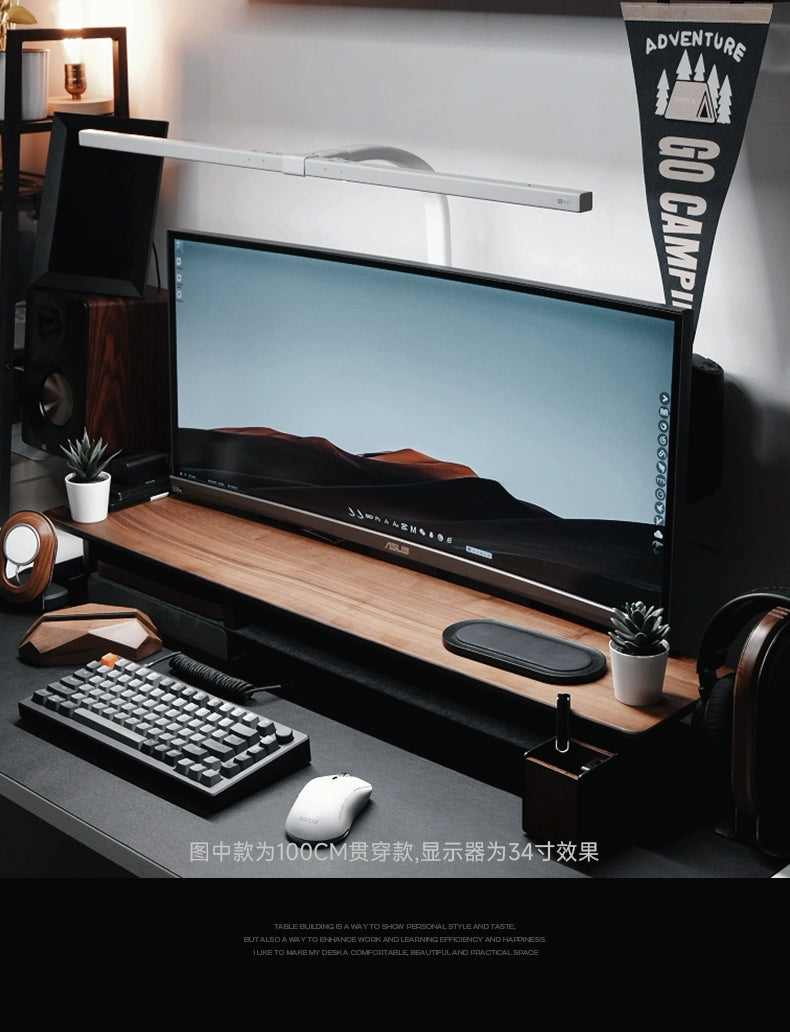 Walnut Wood Computer Riser with Drawers Desktop Storage Rack Double-Layer Monitor Stand Modern Office Space Saving Organizer