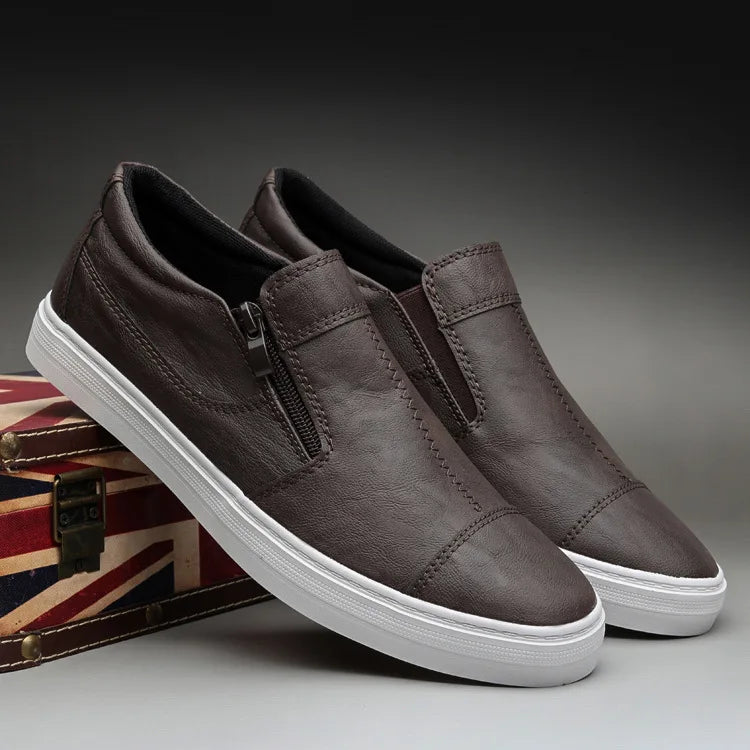 High Quality Leather Shoes for Men Shallow Mouth Mens Casual Shoes Korean Version Slip on Male Flats Zip Footwear Erkek Ayakkabı
