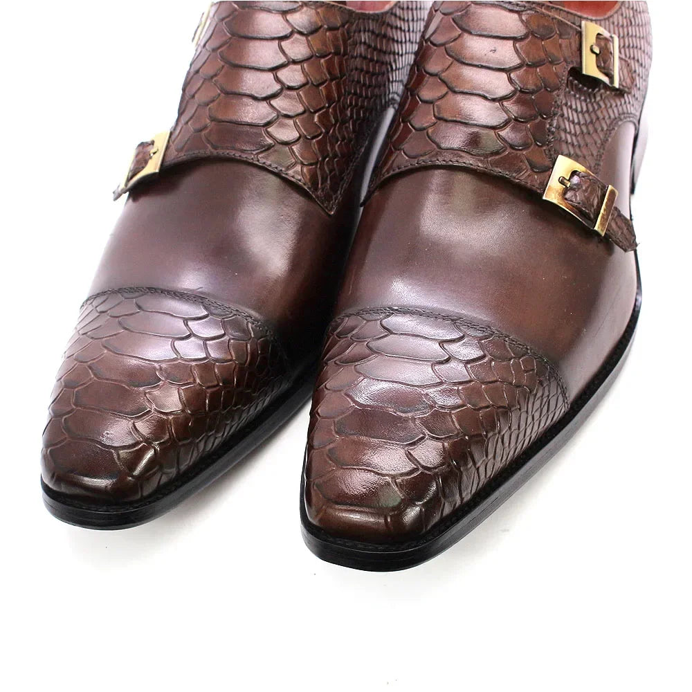 Men's Dress Shoes Size 39-46 Genuine Leather Double Buckle Monk Strap Snake Print Cap Toe Classic Italian Style