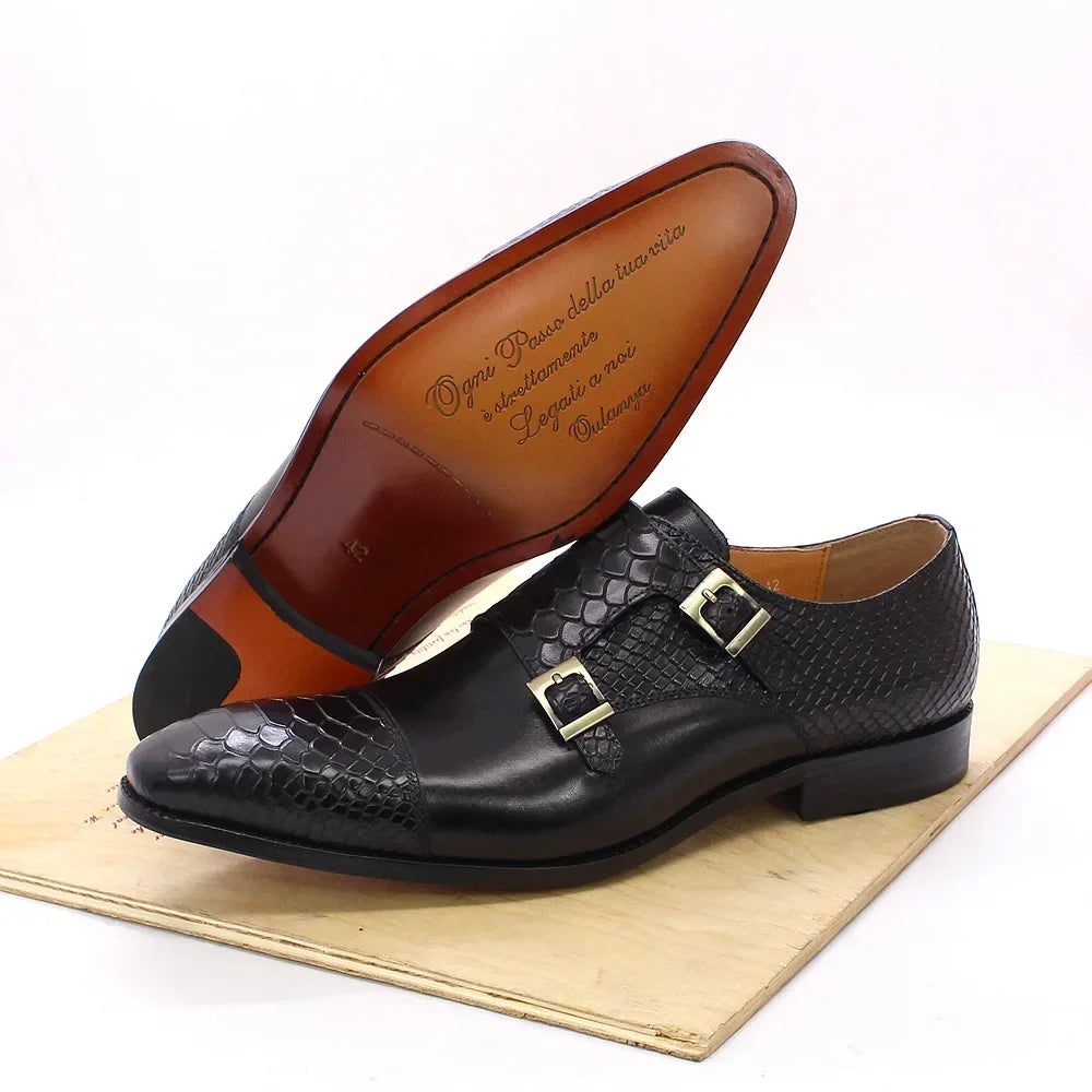 Men's Dress Shoes Size 39-46 Genuine Leather Double Buckle Monk Strap Snake Print Cap Toe Classic Italian Style