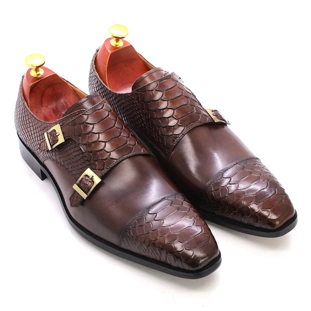 Men's Dress Shoes Size 39-46 Genuine Leather Double Buckle Monk Strap Snake Print Cap Toe Classic Italian Style