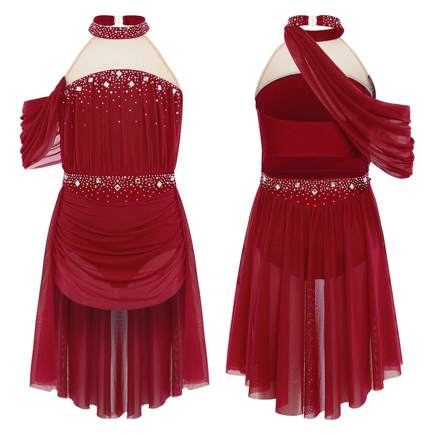 Kids Girls Lyrical Dance Leotard Dress Halter Backless Cutout Back Shiny Rhinestones Ruched Mesh Drape Dresses Modern Dancewear