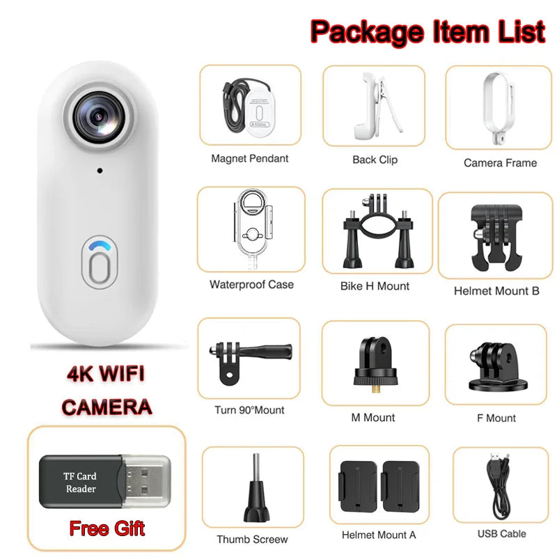 Pocket POV 4K Camera 1080P Mini WiFi Wireless Bodycam Magnetic Mount Vlog Video Recorder Action Motorcycle Helmet Sports Cam