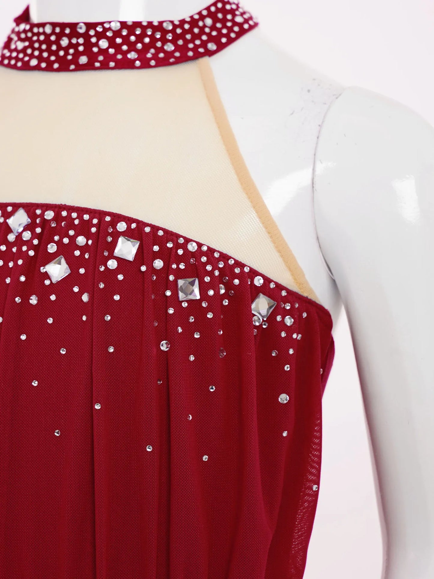Kids Girls Lyrical Dance Leotard Dress Halter Backless Cutout Back Shiny Rhinestones Ruched Mesh Drape Dresses Modern Dancewear