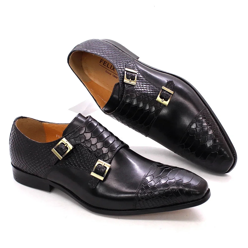 Men's Dress Shoes Size 39-46 Genuine Leather Double Buckle Monk Strap Snake Print Cap Toe Classic Italian Style