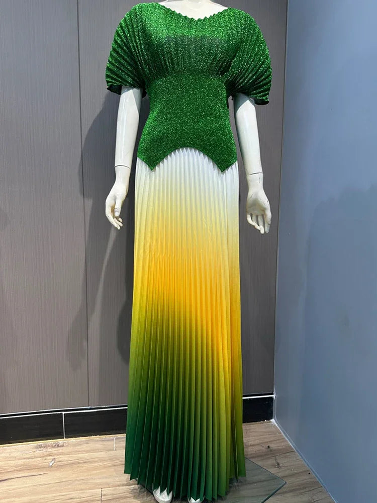 Miyake Pleated 2 Pieces Set Womens Fashion Short Batwing Sleeves Irregular Hem T-shirt New Gradient A-line Folds Long Skirt