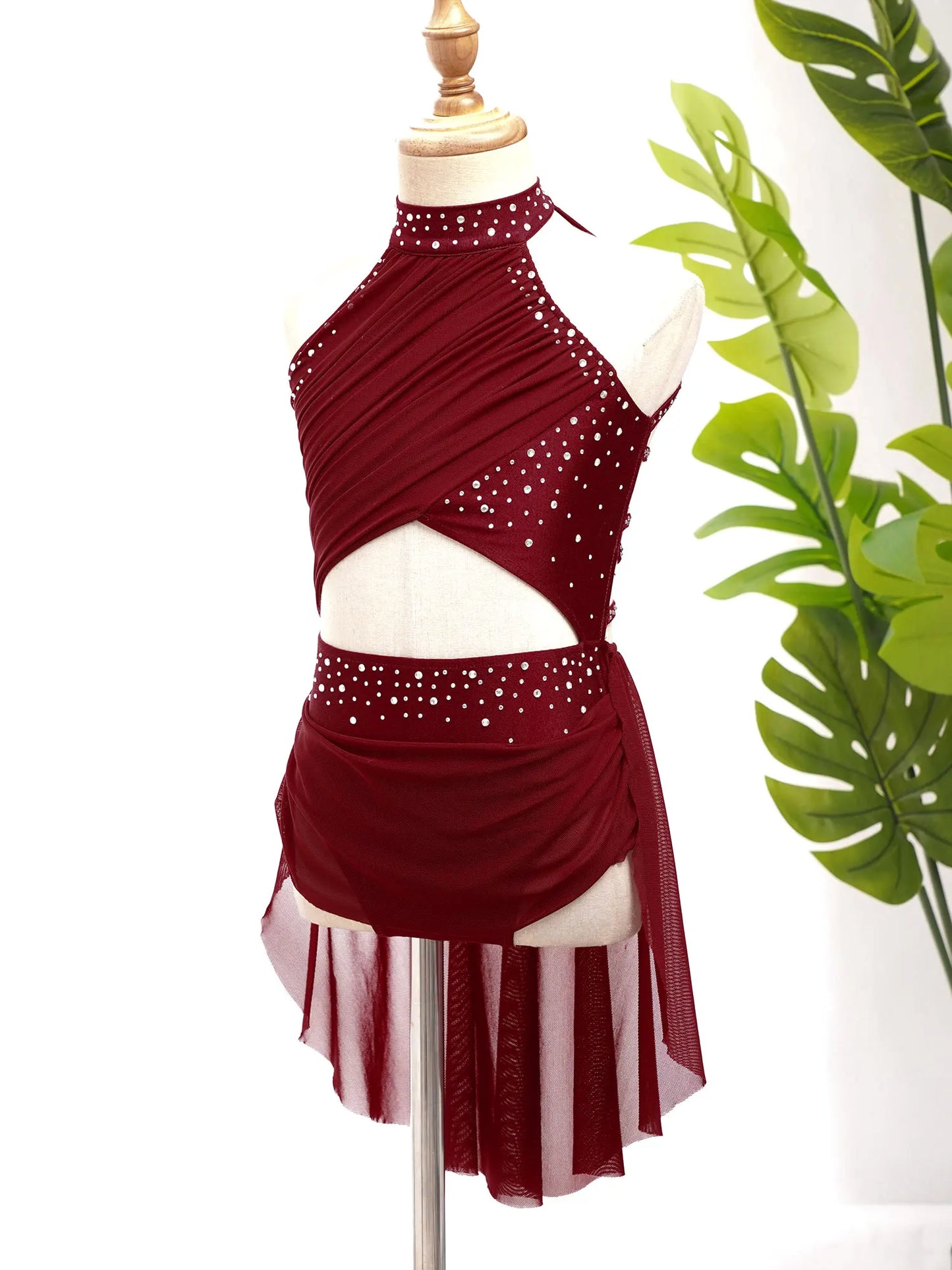 Kids Girls Lyrical Dance Leotard Dress Halter Backless Cutout Back Shiny Rhinestones Ruched Mesh Drape Dresses Modern Dancewear