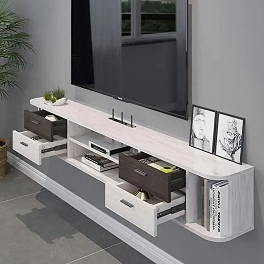 Floating TV Stand Wall Mounted 55'' Media Console Drawers Open Cabinets Cable Management Greyish White Slim Design Organize