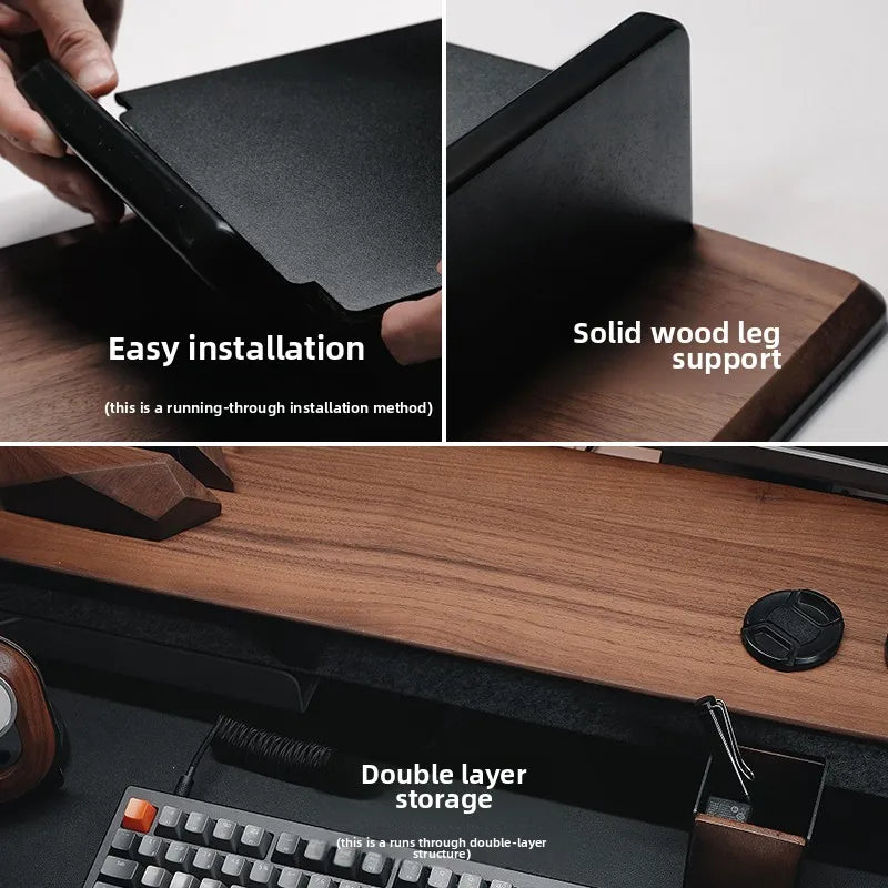 Walnut Wood Computer Riser with Drawers Desktop Storage Rack Double-Layer Monitor Stand Modern Office Space Saving Organizer